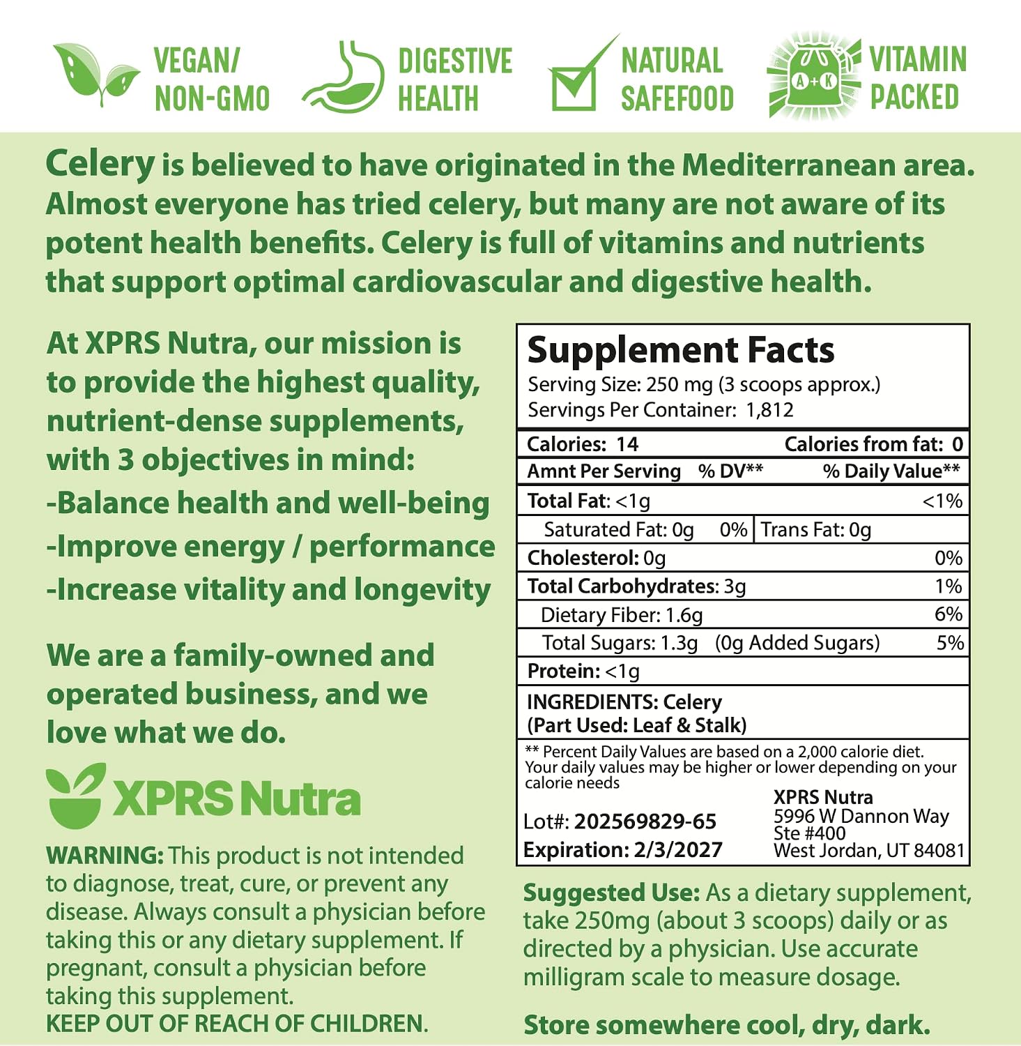 XPRS Nutra Celery Powder - Polvo de Apio Fresco - Antioxidante - Vegano (453 g)