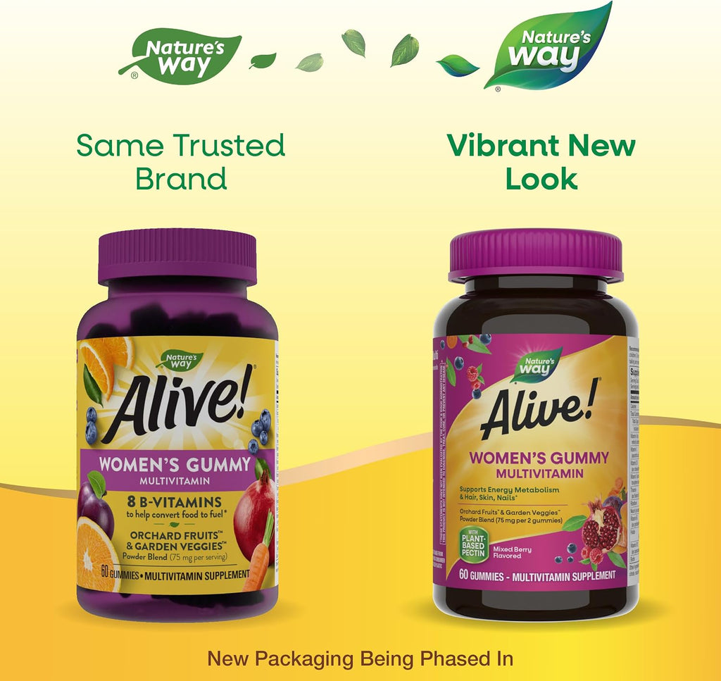 Nature's Way Alive! Multivitamínico Gominolas para Mujeres, 16 Vitaminas y Minerales, Metabolismo Energético, Piel Cabello Uñas, Vegetariano, Sabor Bayas Mixtas, 60 Gominolas (Pack de 2)