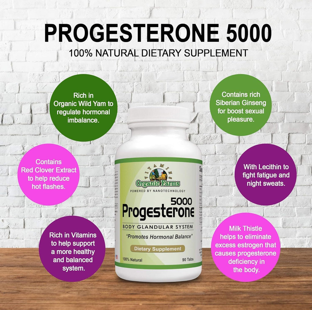 Organic Farms Vitamins Progesterona 5000 Kit de 4 - Suplemento para el Sistema Glandular, 100% Natural, 360 Comprimidos