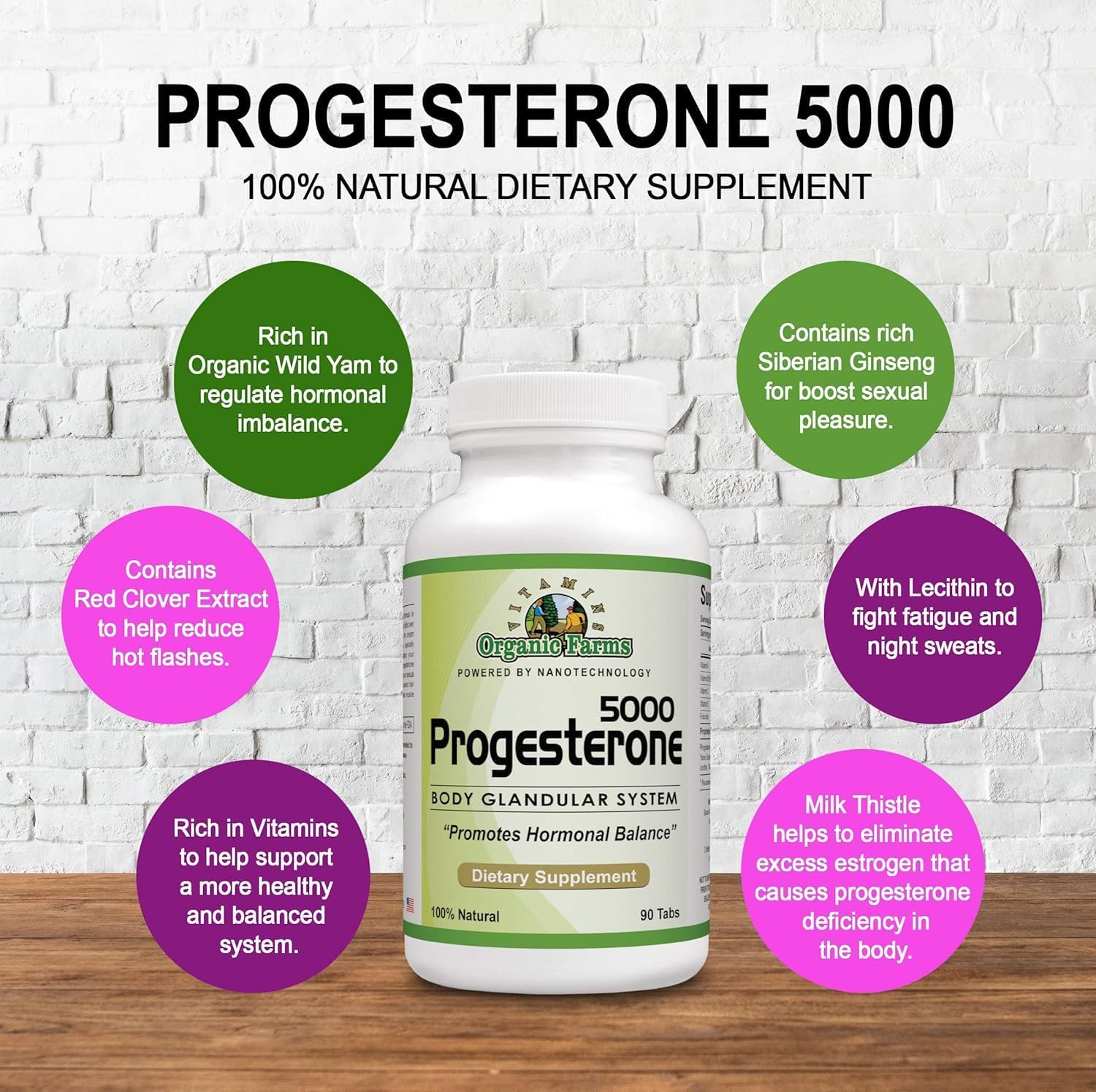 Organic Farms Vitamins Progesterona 5000 Kit de 4 - Suplemento para el Sistema Glandular, 100% Natural, 360 Comprimidos