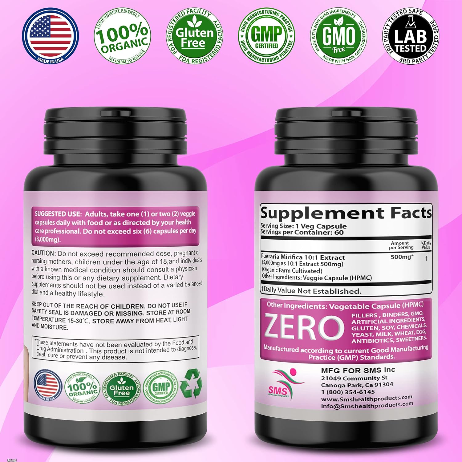 Pueraria Mirifica (Kwao Krua Kao) Extracto 10:1 - Suplemento Orgánico - 60 Cápsulas Veganas