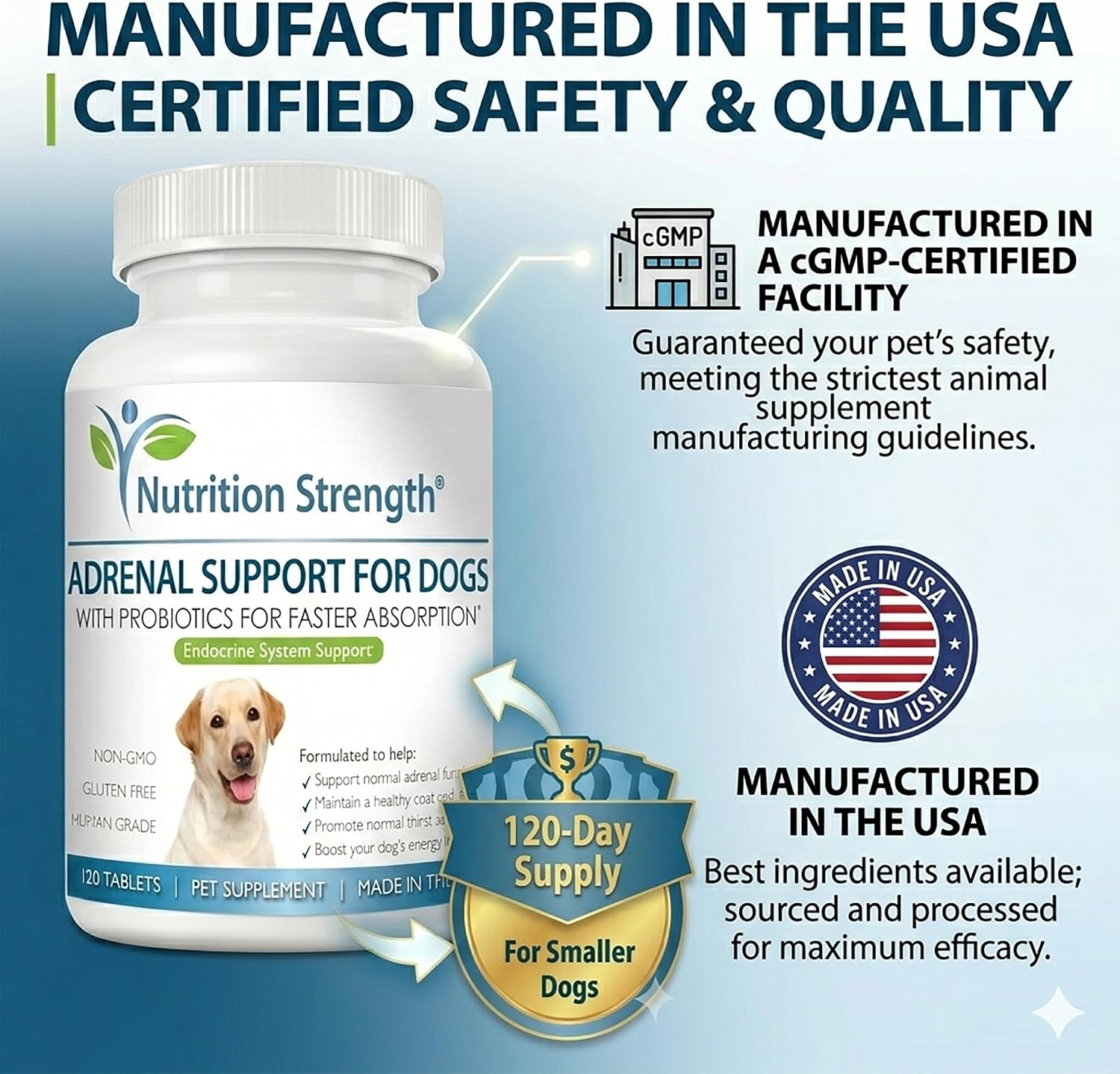 Nutrition Strength Adrenal Support for Dogs - Suplemento Adrenal para Perros, 120 Comprimidos Masticables