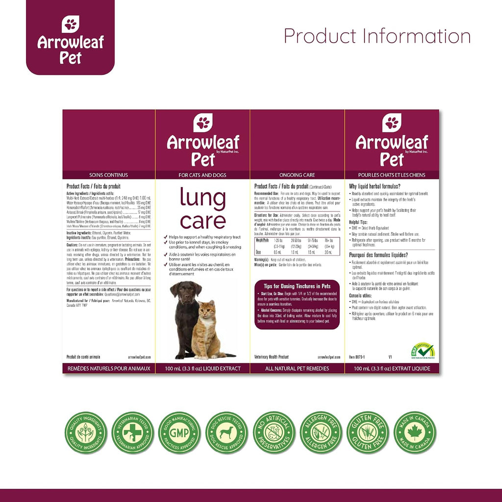 Lung Care de NaturPet Inc para Perros y Gatos | Tintura Herbal 100mL | Apoyo Respiratorio para Mascotas con Problemas de Respiración