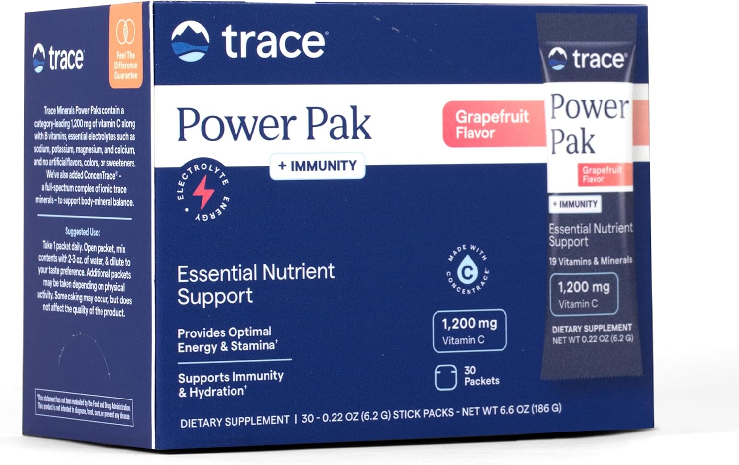 Trace Minerals Power Pak Plus Immunity - Suplemento de apoyo a la hidratación y la inmunidad - Sabor pomelo, 30 sobres