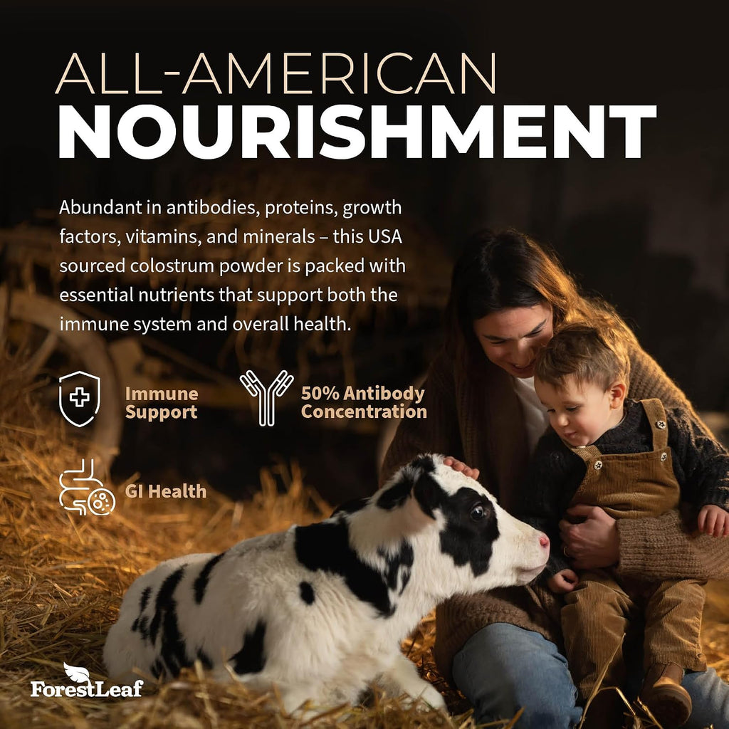 ForestLeaf Colostrum en Polvo 50% IgG, Concentración Pura, de Pasto, Sin Sabor, 45 Porciones