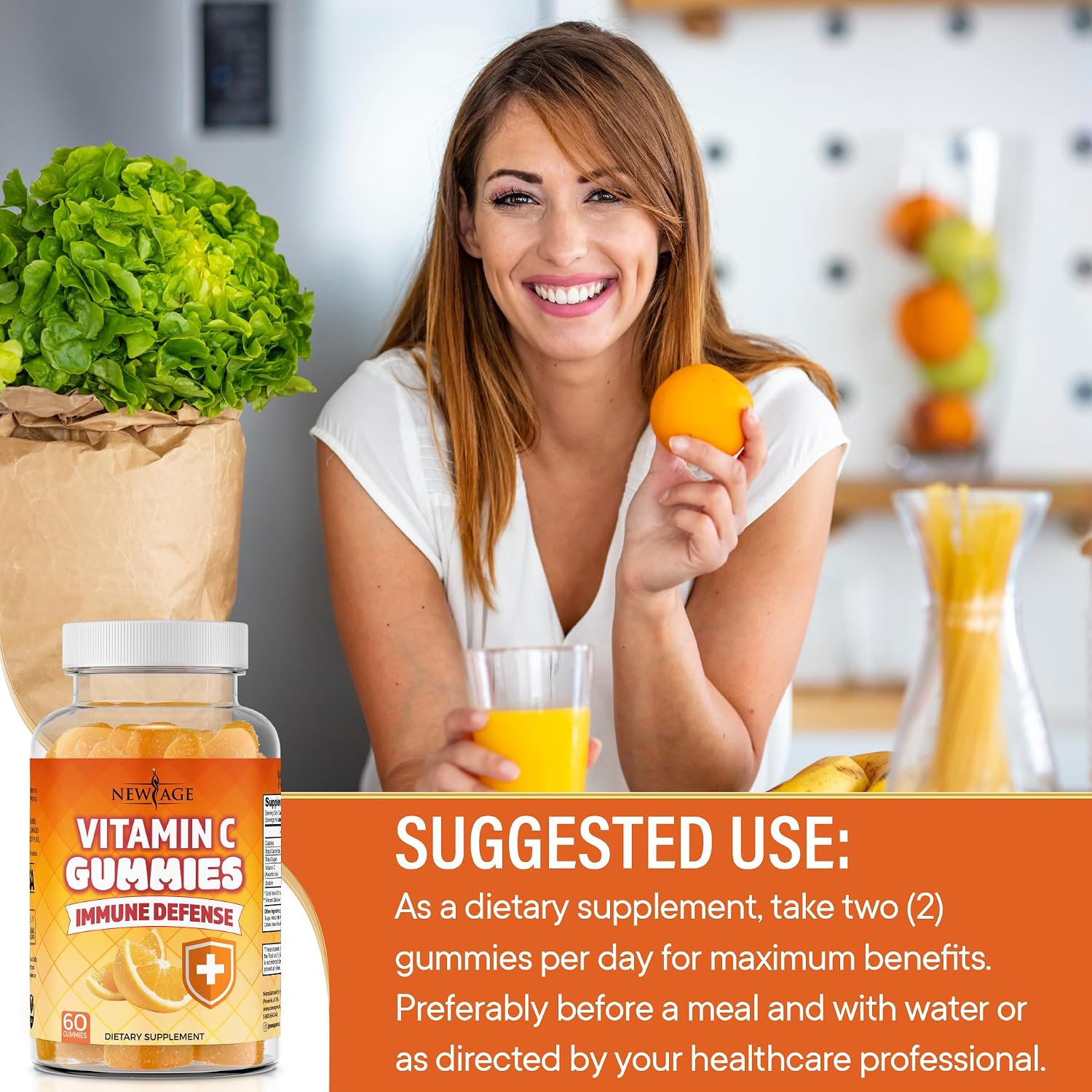 NEW AGE Vitamin C Gummies - Gominolas de Vitamina C con Sabor Naranja - Sin Gluten - 120 Gominolas
