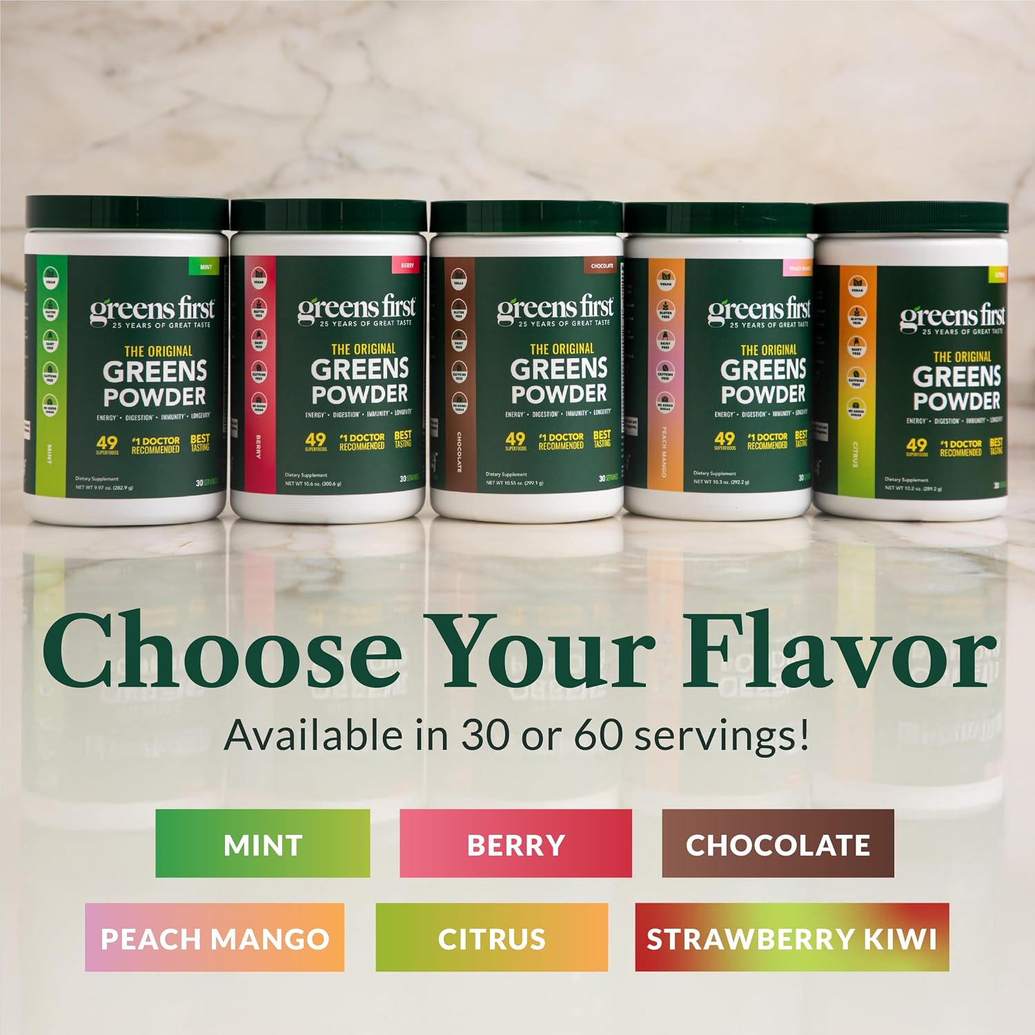 Greens First Original Greens Powder - 49 Superalimentos - Frutas y Verduras Orgánicas - Prebióticos, Probióticos y Enzimas Digestivas - Batido Antioxidante - Sin Lácteos/Vegano/No OGM (Melocotón Mango, 60 Raciones)