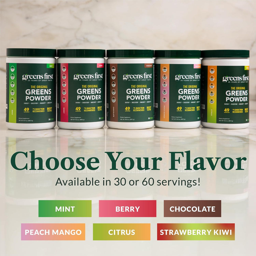 Greens First Original Greens Powder - 49 Superalimentos Orgánicos - Sabor Mango Melocotón - 30 Porciones
