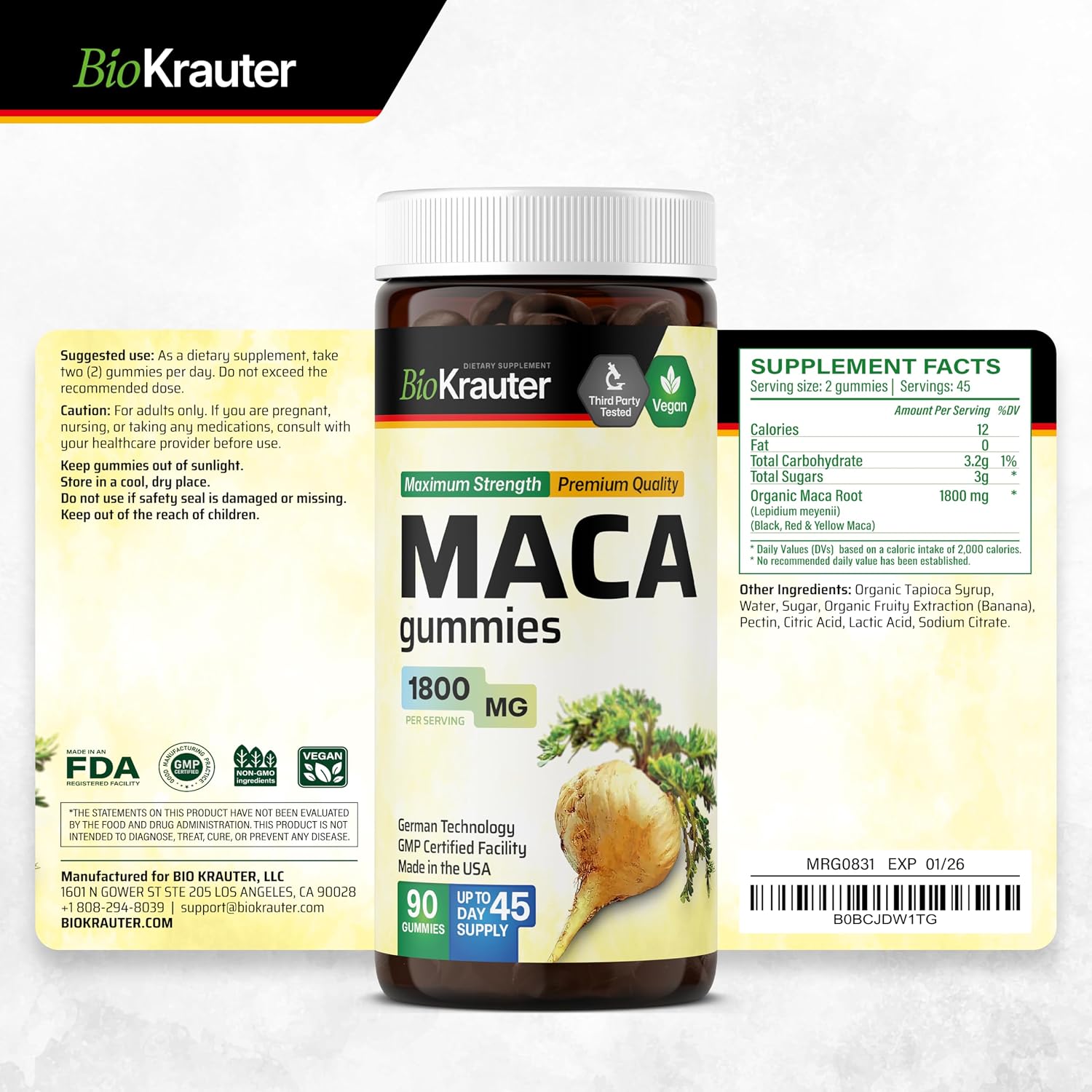 Maca Root for Women and Men - Black, Red & Yellow Maca Supplement 1800 mg for Drive, Performance & Energy Support - 90 Gummies, 45-Day Supply, Non-GMO, Banana Flavor