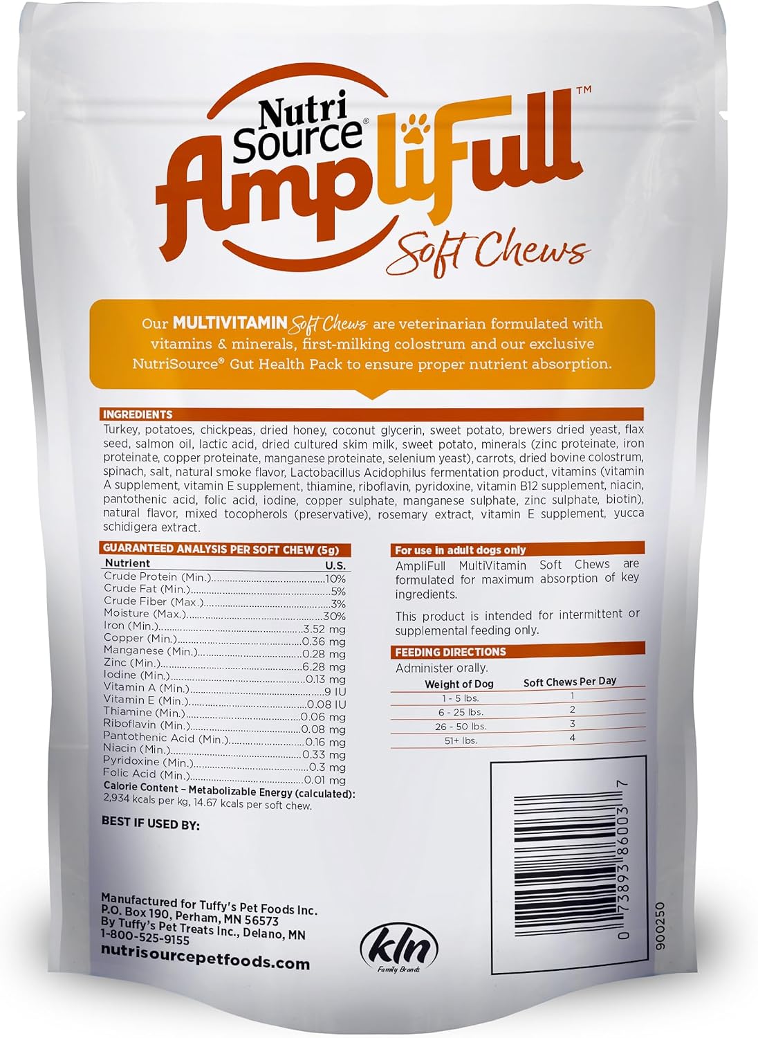 NutriSource AmpliFull Turkey Flavor Multivitamin Soft Chews para Perros, Suplemento Diario con Colostro Bovino, Vitaminas y Minerales Esenciales, 70 Chews (1 Pack)