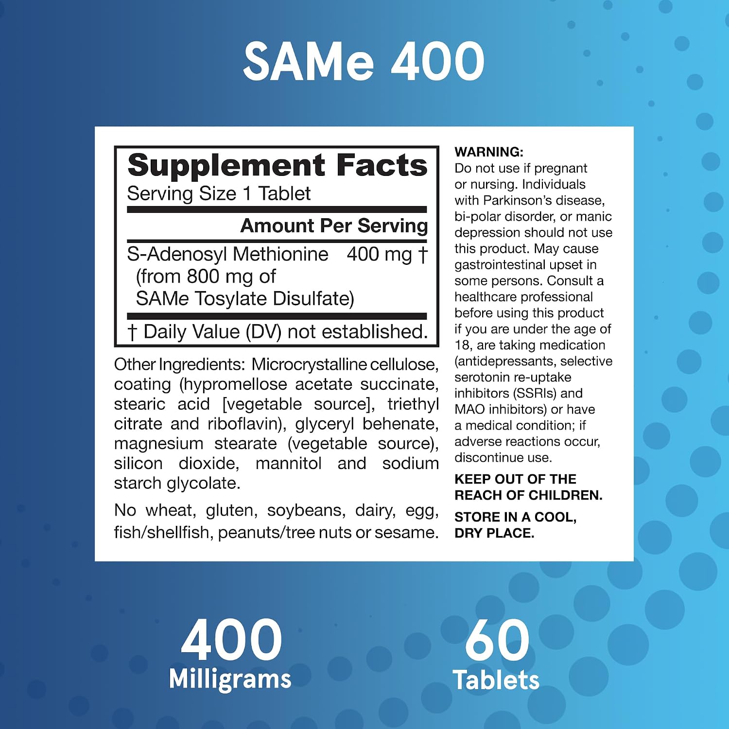 Jarrow Formulas SAMe 400 mg - 60 Comprimidos con Cubierta Entérica - Forma Activa S,S