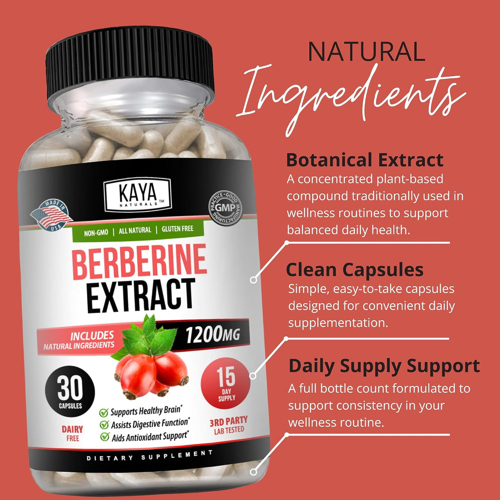 Kaya Naturals Berberine HCL Extract 1200mg - Sistema Inmunitario, Niveles de Glucosa, Salud Intestinal (30 Cápsulas)