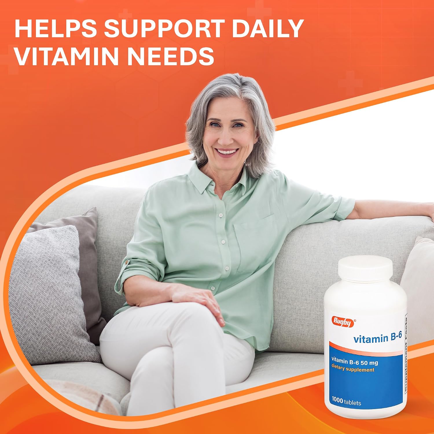Rugby Vitamina B6 50 mg, 1000 Tabletas - Sin Gluten, Sin Conservantes