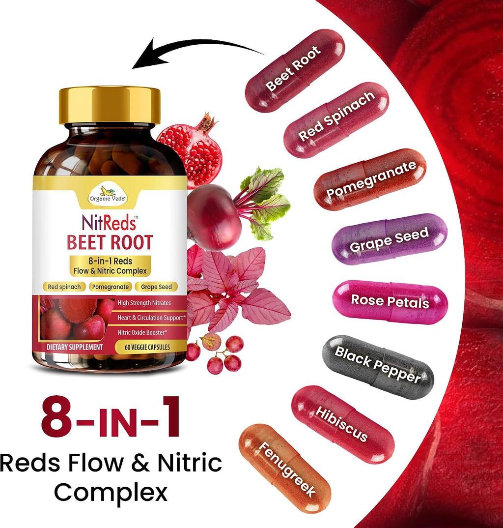 NitReds Suplemento de Óxido Nítrico con Remolacha, Granada y Uva - 60 Cápsulas - Apoya la Circulación y Salud Cardiovascular