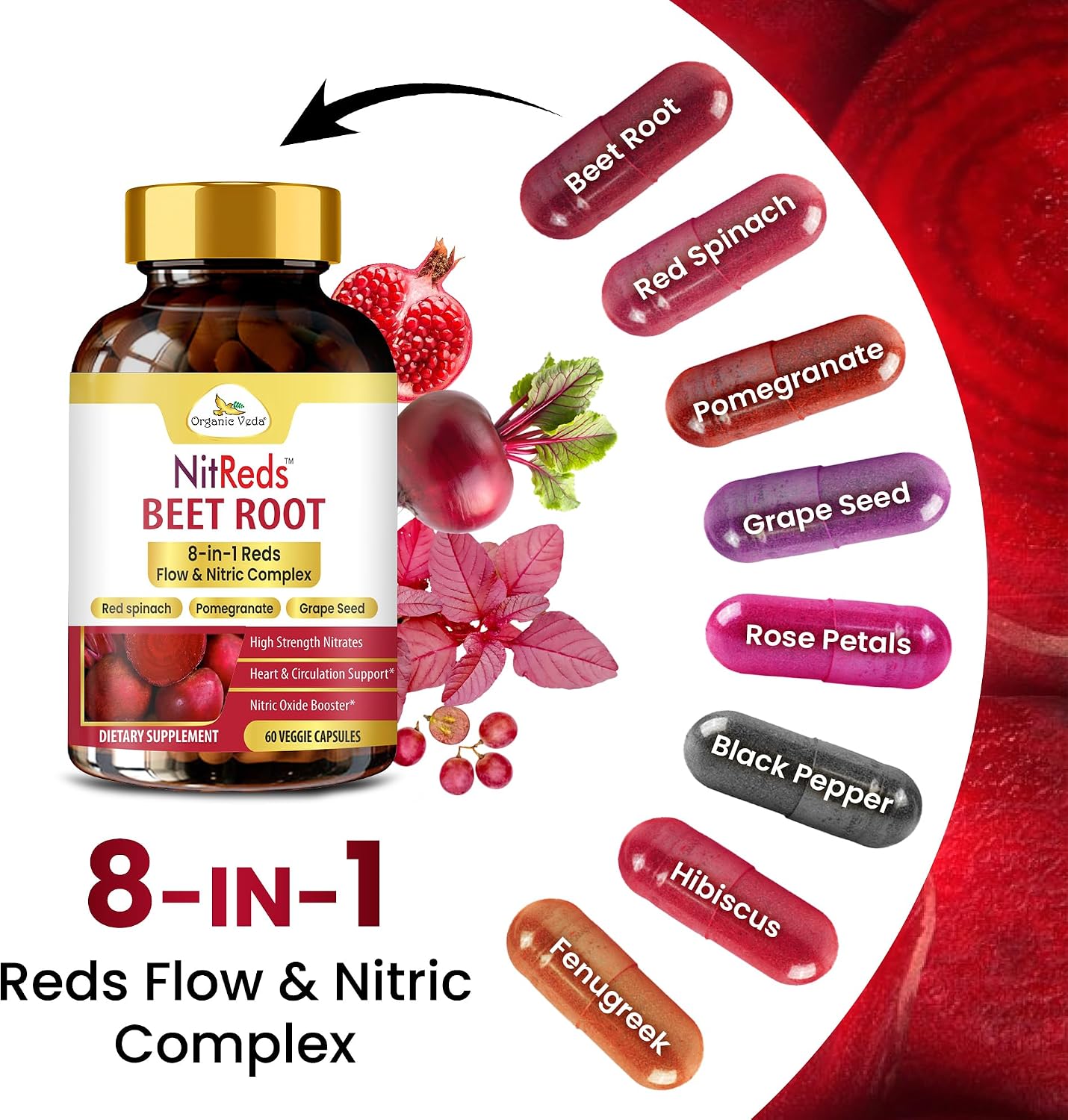 NitReds Suplemento de Óxido Nítrico con Remolacha, Granada y Uva - 60 Cápsulas - Apoya la Circulación y Salud Cardiovascular