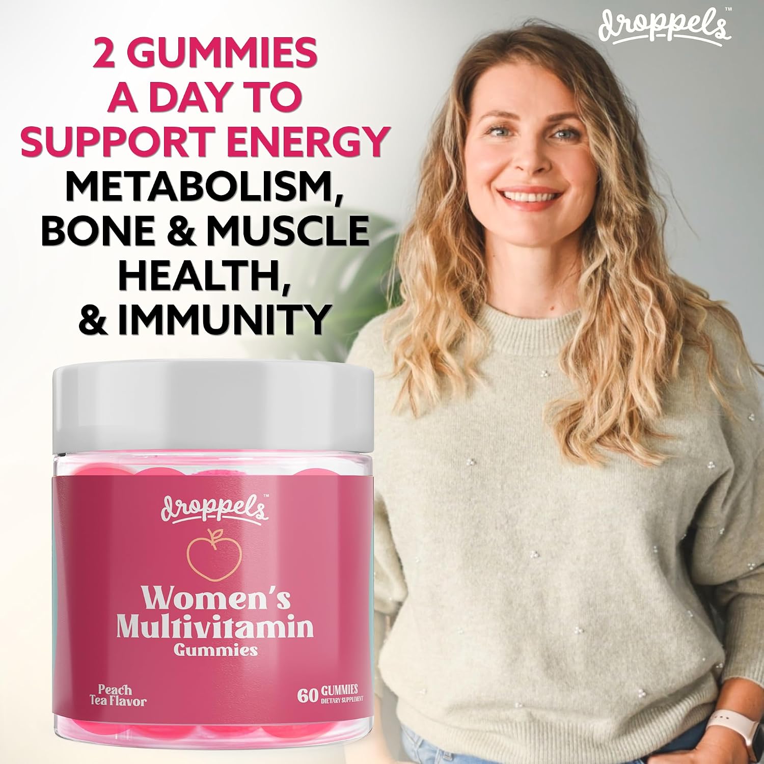 Droppels Gominolas Multivitamínicas para Mujer con Ácido Fólico, Vitaminas A, D, C, E, K, B6, B12, Biotina y Hierro - Vegano, No-GMO - 60 Gomitas Sabor Té de Melocotón
