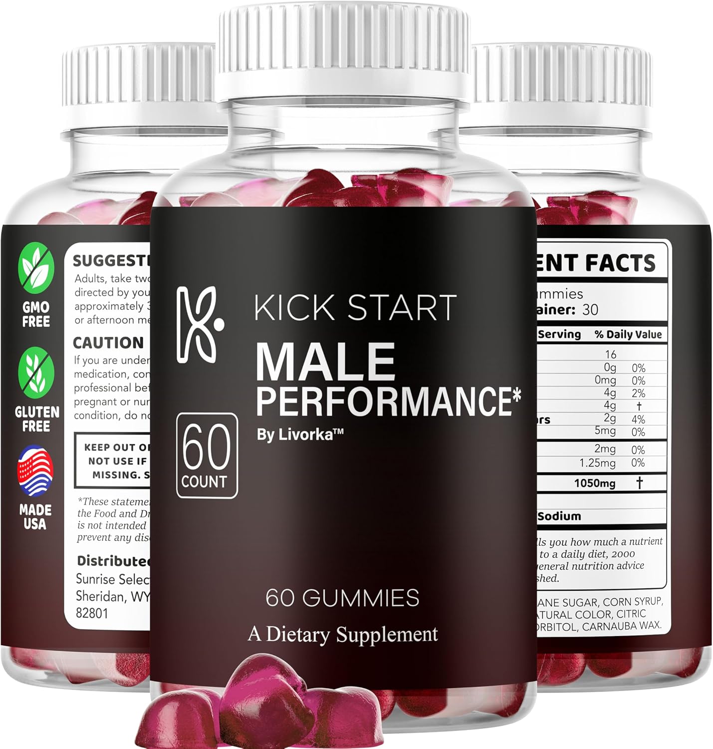 Kickstart Gummies (3 Pack) - Gominolas Naturales para Hombres, 180 Gominolas