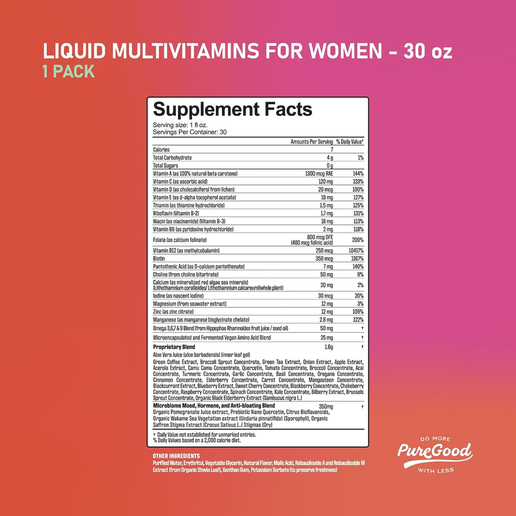 PureGood Liquid Multivitamin for Women | Multivitamínico Líquido para Mujeres con B12 Metilado, Folato, Biotina y Azafrán | Omega 3 6 7 9 | Energía, Estado de Ánimo y Equilibrio Hormonal | Sin Hierro | Sin Azúcar | 887 ml