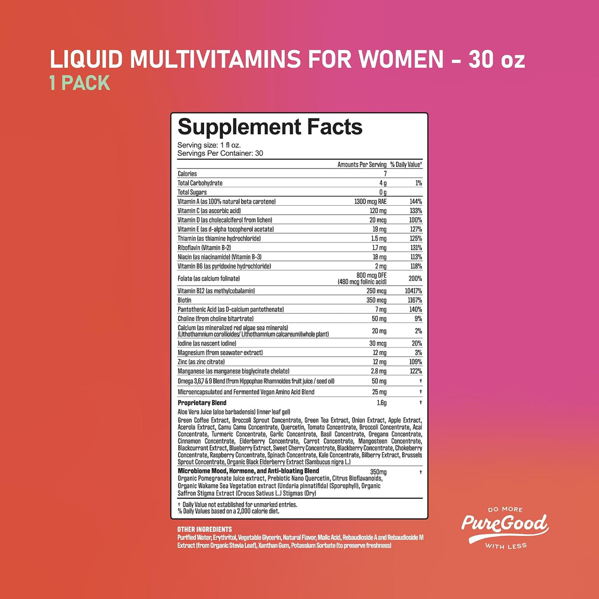 PureGood Liquid Multivitamin for Women | Multivitamínico Líquido para Mujeres con B12 Metilado, Folato, Biotina y Azafrán | Omega 3 6 7 9 | Energía, Estado de Ánimo y Equilibrio Hormonal | Sin Hierro | Sin Azúcar | 887 ml - görsel 7