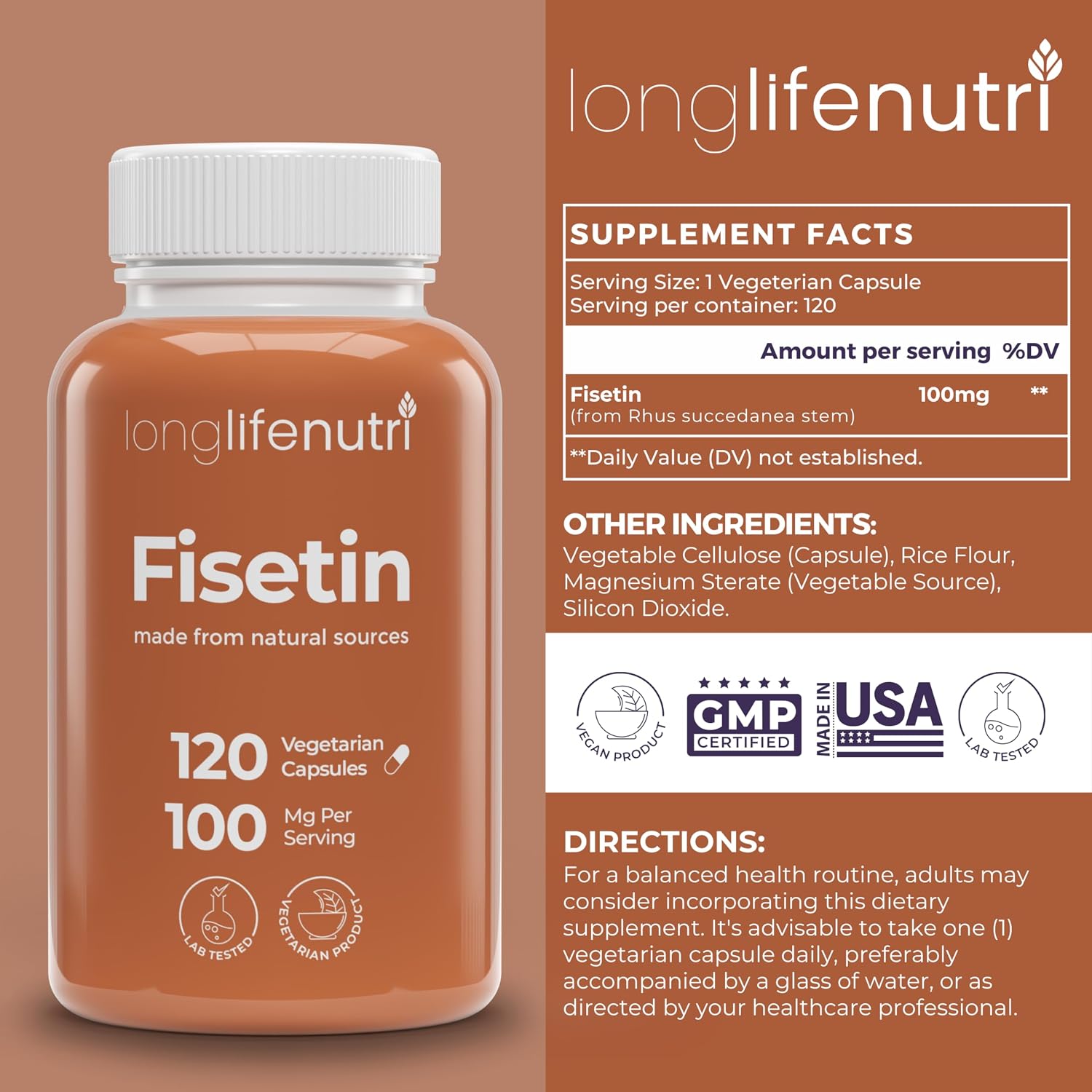 Fisetin 100mg – Suplemento Senolítico con Extracto de Rhus Succedanea, 120 Cápsulas Vegetarianas, 4 Meses de Suministro
