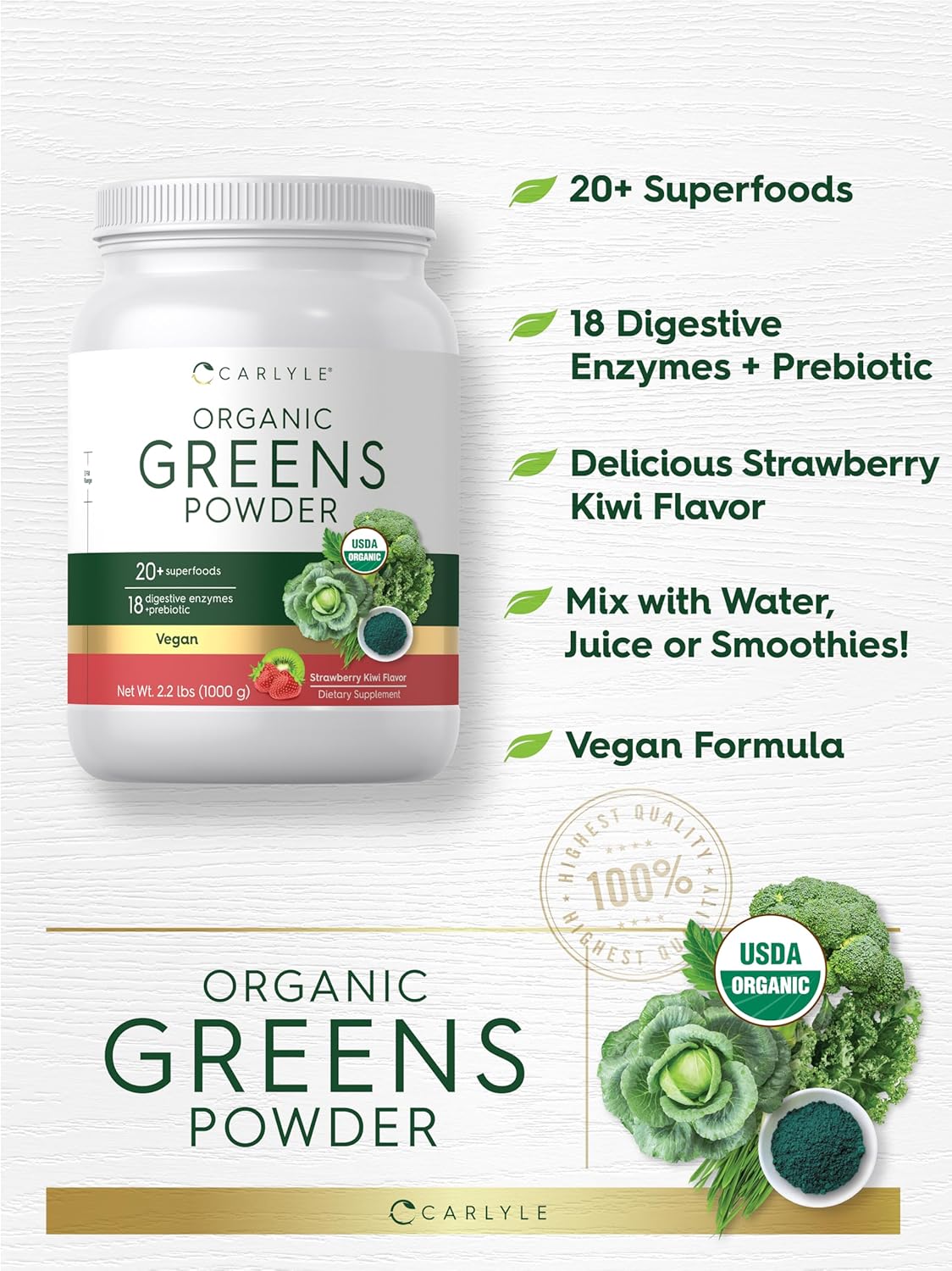 Carlyle Organic Greens Powder - Polvo de Superalimentos Orgánicos - Sabor Fresa y Kiwi - 998 g