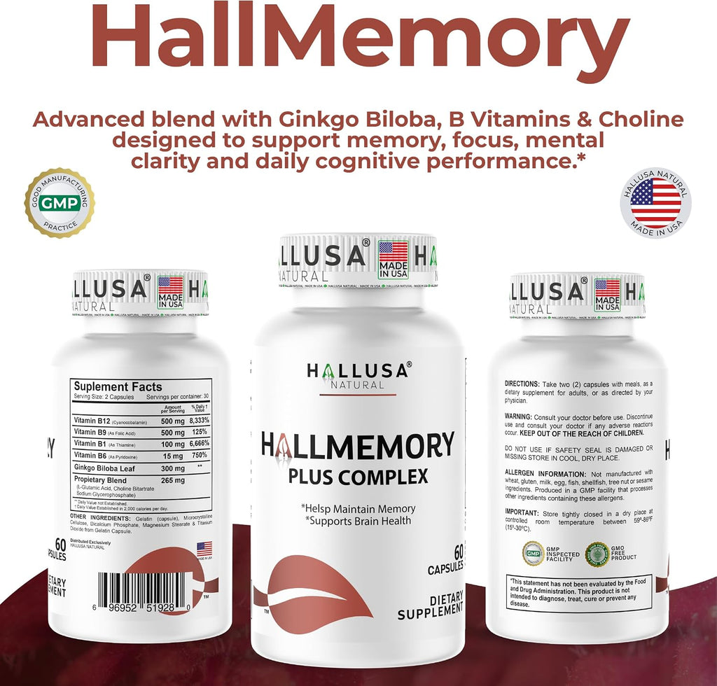 Hallusa Natural Brain Health Supplement - Memoria y Concentración con Ginkgo Biloba, Colina y Complejo B - 60 Cápsulas