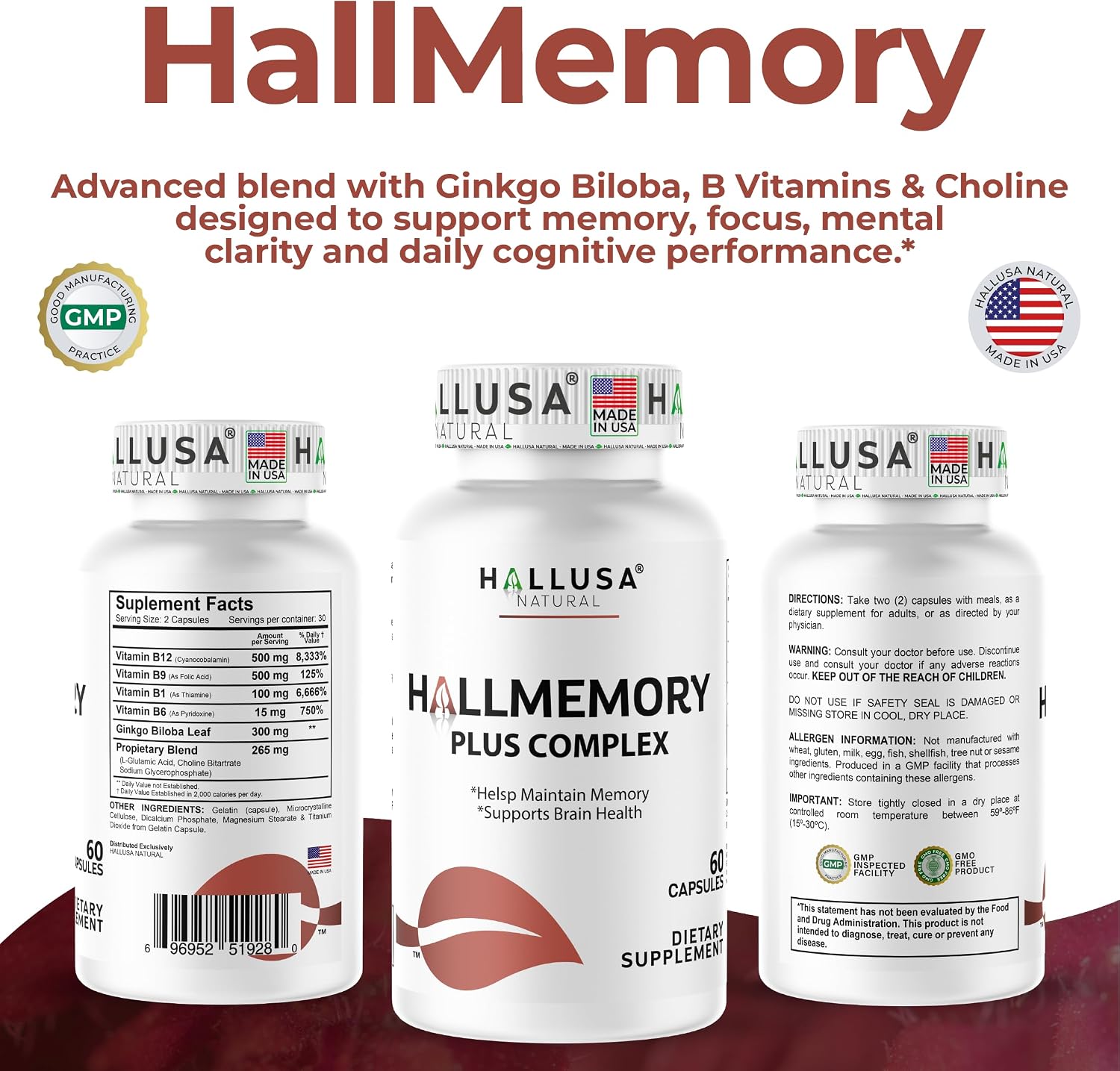 Hallusa Natural Brain Health Supplement - Memoria y Concentración con Ginkgo Biloba, Colina y Complejo B - 60 Cápsulas