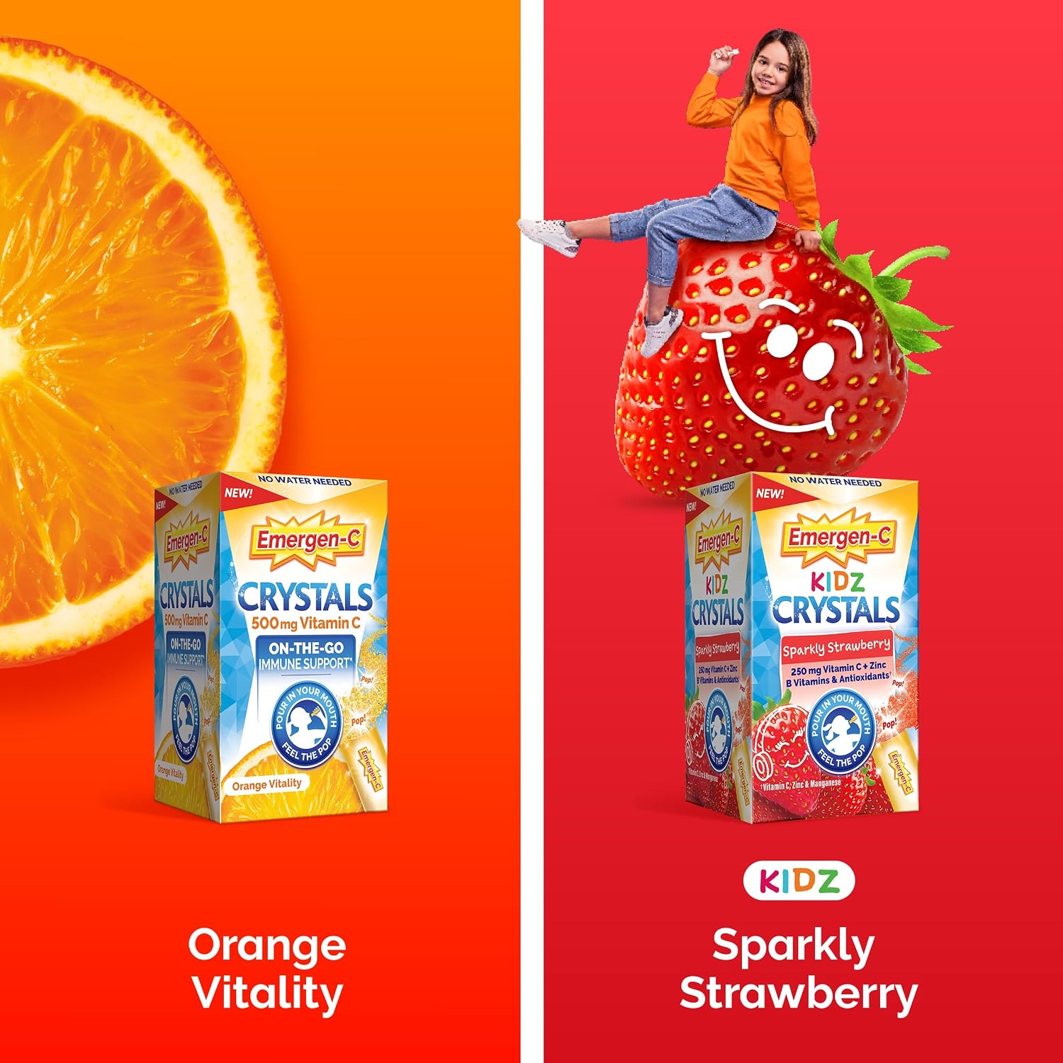 Emergen-C Crystals, Complemento Alimenticio con Vitamina C, Vitaminas del Grupo B, Zinc y Manganeso, Sabor Naranja Vitalidad - 56 Sticks