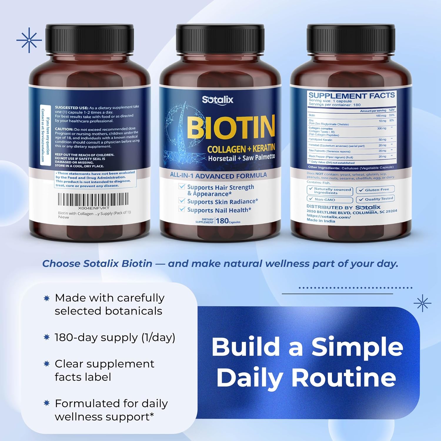 Biotina con Colágeno, Keratina, Cola de Caballo y Saw Palmetto - Cabello, Piel y Uñas Saludables (180 días, 1 envase)