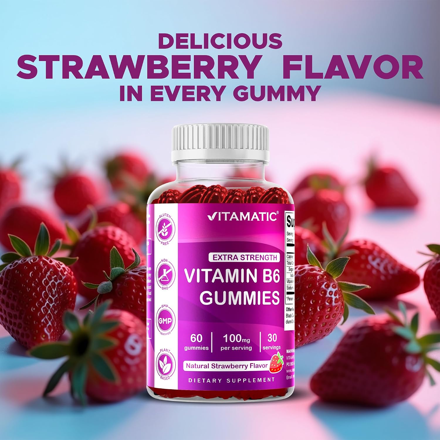 Vitamatic Vitamina B6 100mg - Sabor a Bayas Natural - 60 Gominolas a Base de Pectina - Apoyo Sistema Nervioso