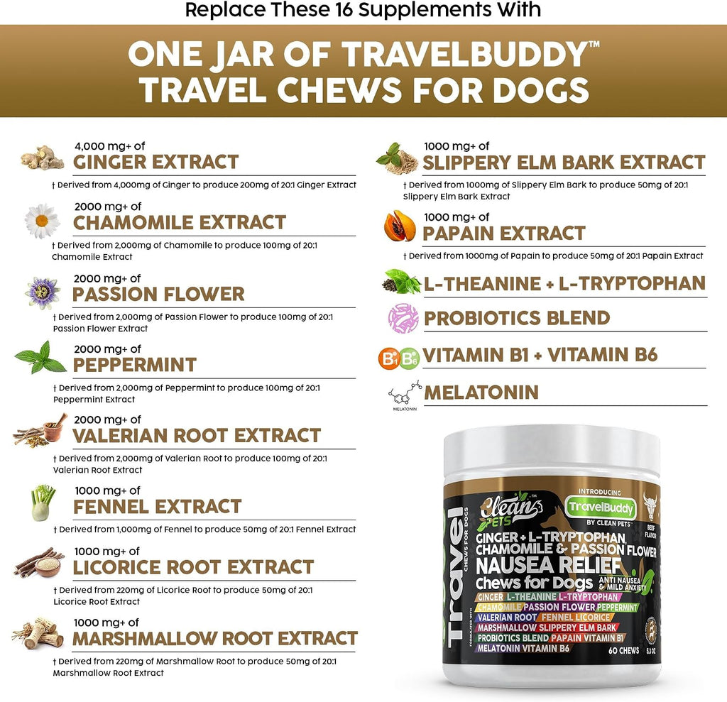 Clean Pets Travel Chews - Masticables calmantes para perros con jengibre y melatonina