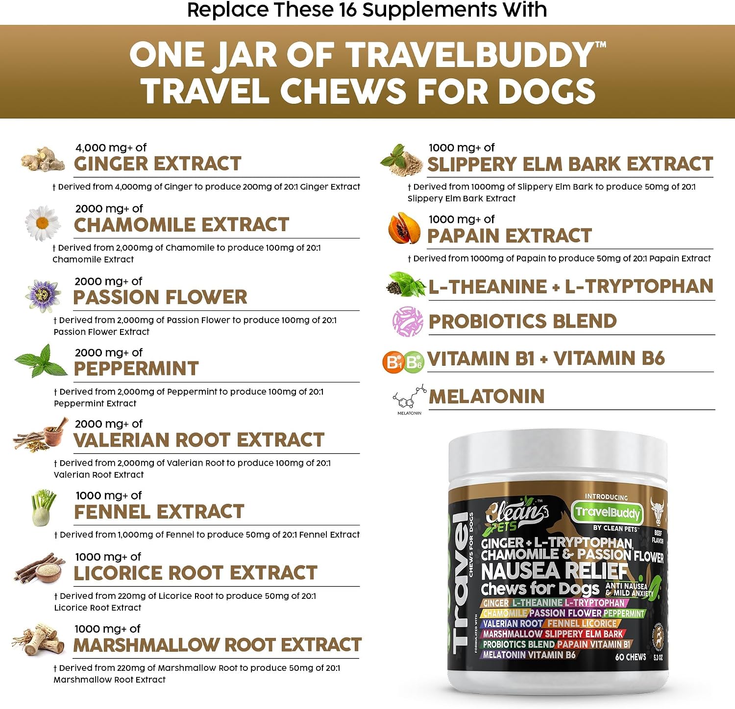 Clean Pets Travel Chews - Masticables calmantes para perros con jengibre y melatonina