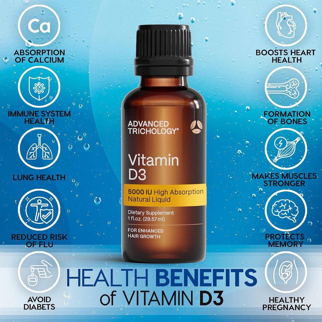 Advanced Trichology Vitamina D3 Líquida 5000 UI – Alta Absorción – 30 ml – 180 Dosis – Sin Gluten – Vegetariano