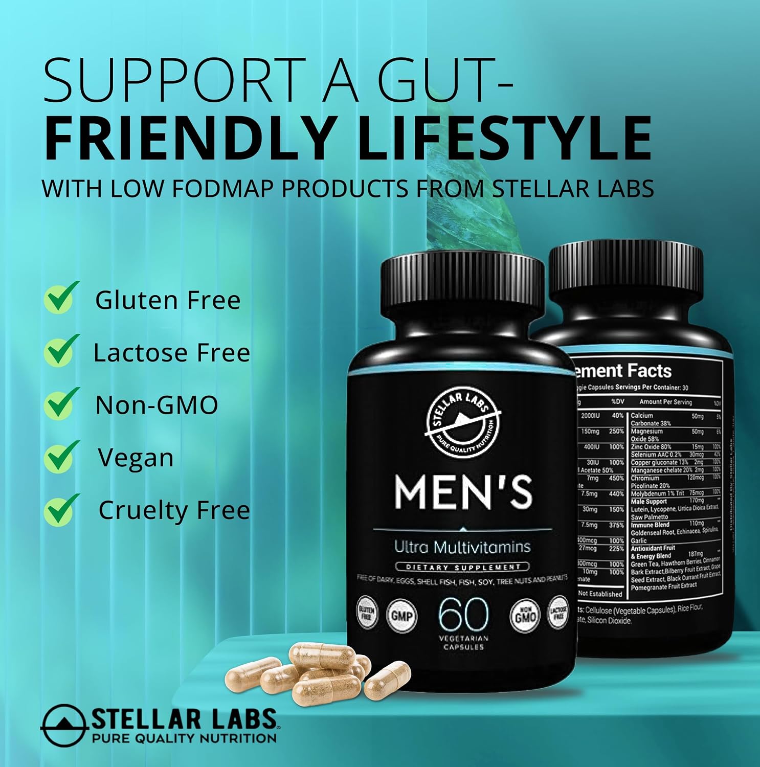Stellar Labs Multivitamínico Diario Vegano para Hombres Low FODMAP, Sin Hierro