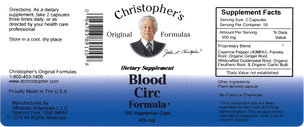 Christopher's Original Formulas Fórmula Circulatoria Sanguínea Cápsulas, Suplemento Herbal para el Bienestar Circulatorio, 100 Cápsulas - Paquete de 3
