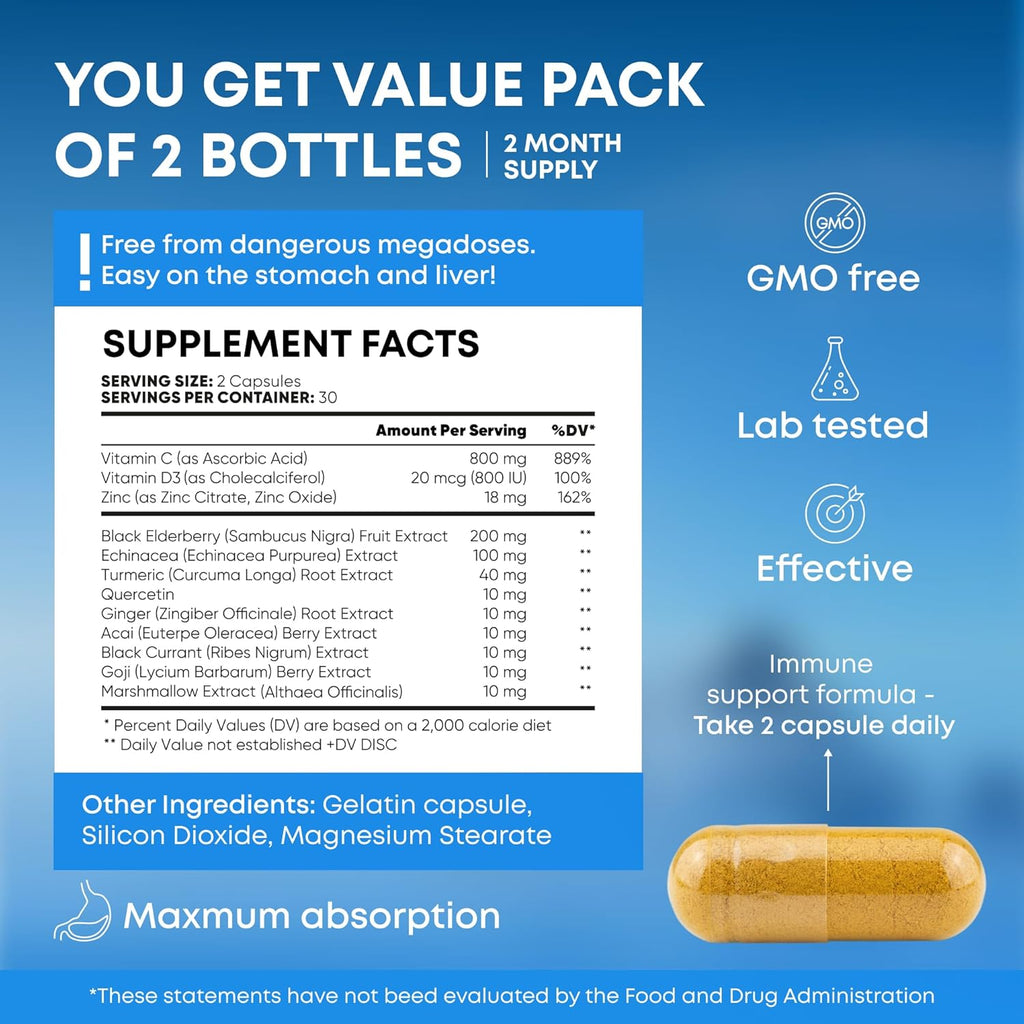 12 en 1 Immune Support Supplement - Immune Defense Vitamins w/Elderberry, Vitamin D3, C, Zinc, Echinacea, Ginger - Natural Immunity System Booster - Immune & Muscle Health 120 Caps