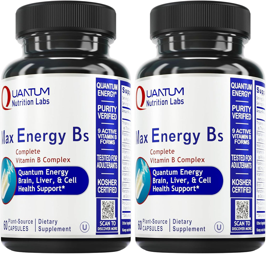 Quantum Nutrition Labs Max Energy Bs - Vitamin B Complex, Methylated B Complex Vitamins with Vitamin B1, B6, B12, Thiamin, Folate and Biotin - 60 Vegetarian Capsules