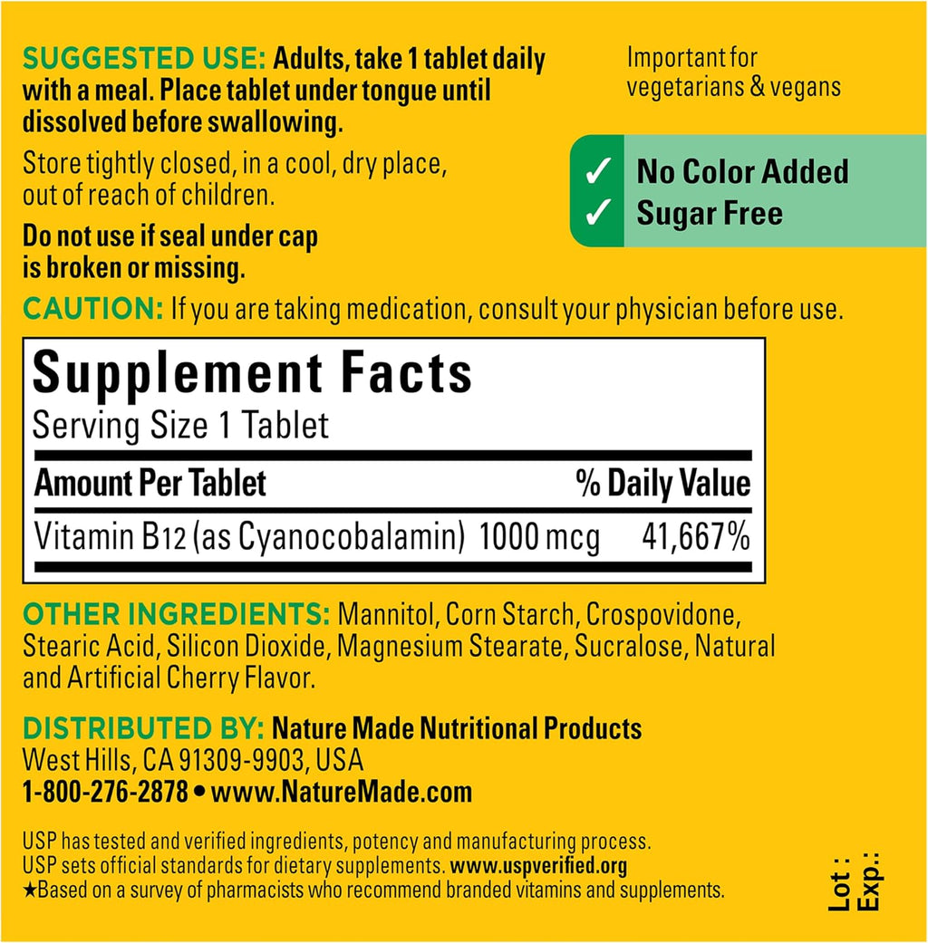 Nature Made Vitamina B12 1000 mcg, Comprimidos Sublinguales de Disolución Rápida, 150 Comprimidos