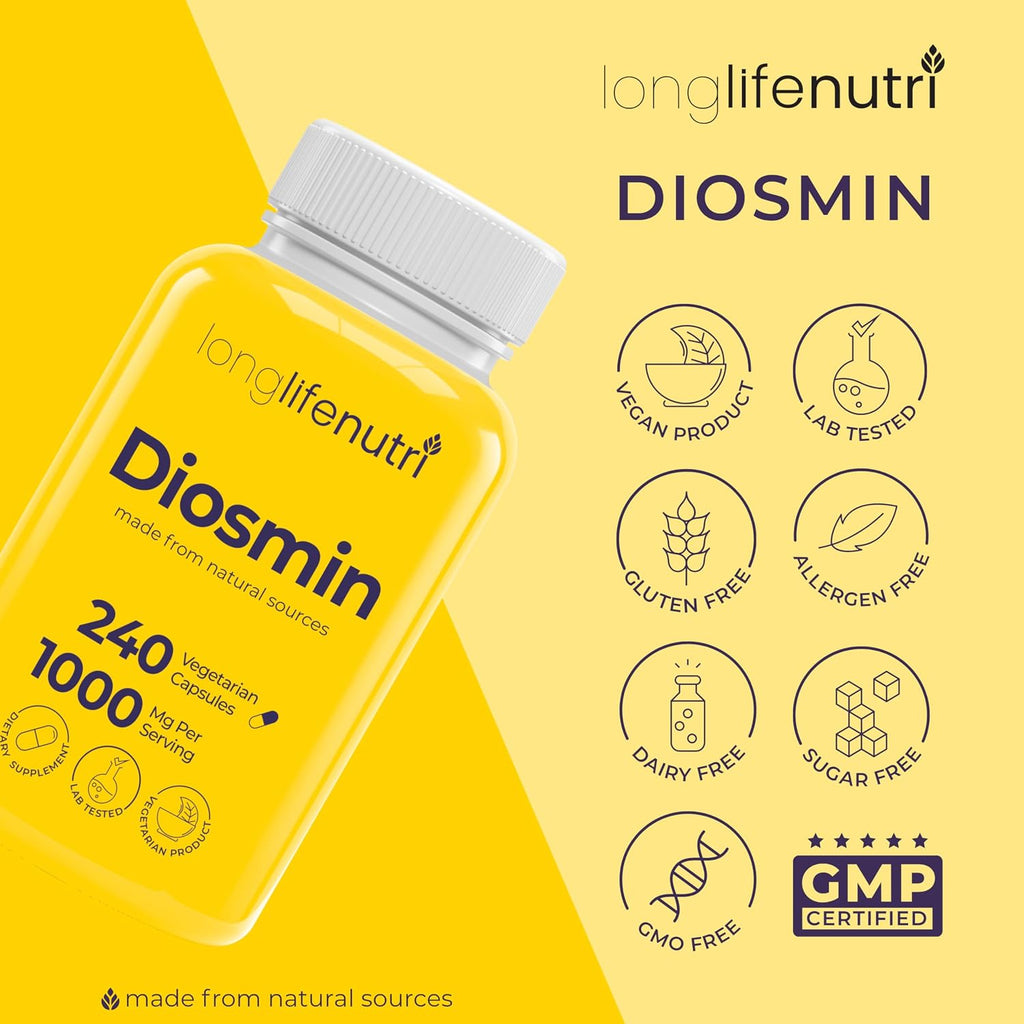 Diosmin 1000mg Advanced Formula - 240 Cápsulas para Apoyo a la Salud Circulatoria, Suministro de 4 Meses, No GMO, Fabricado en EE. UU. - Suplemento Diario de Bienestar