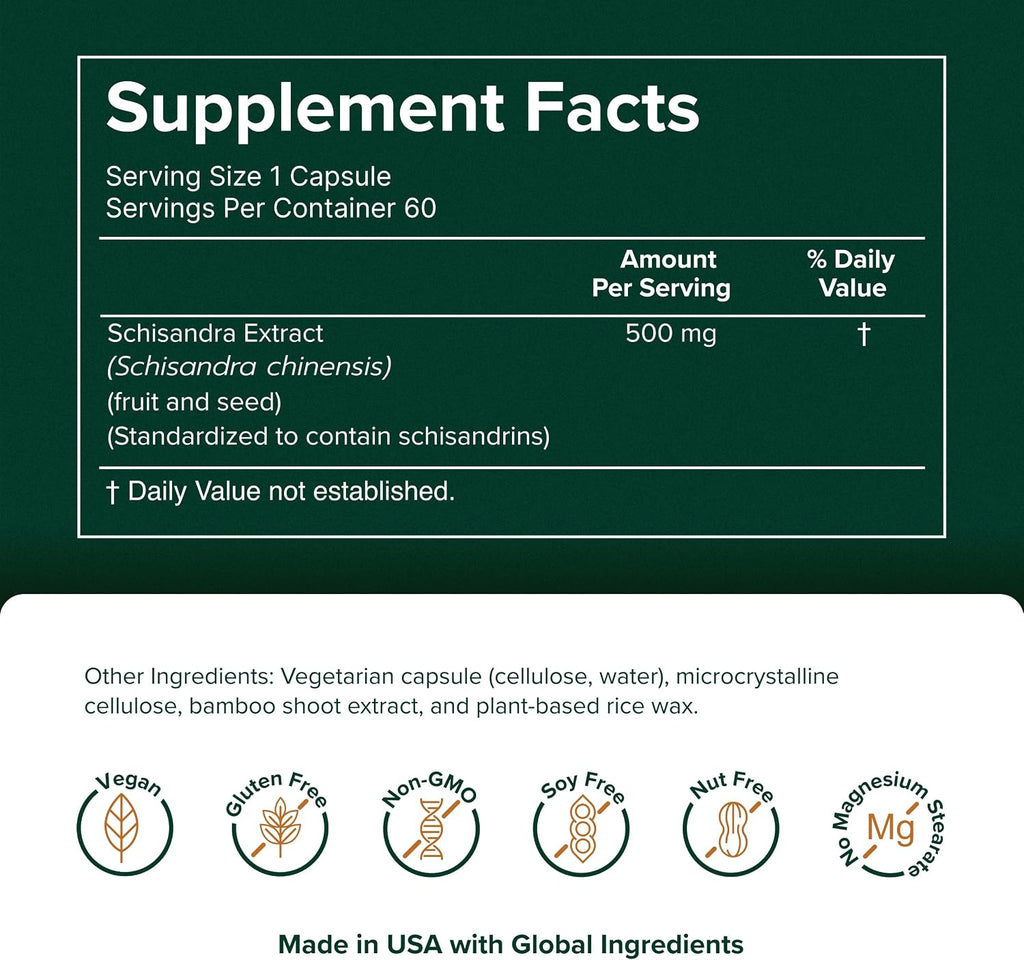 Schisandra - Suplemento para el Hígado y el Estrés - Sin Colorantes Artificiales - No OGM, Vegano y Sin Gluten - 60 Cápsulas (60 Servicios)