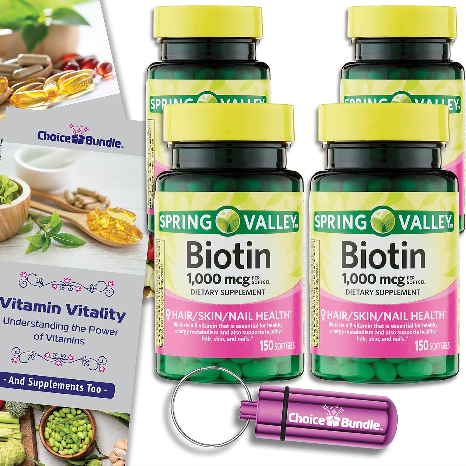 Spring Valley Biotina 1000mcg, 150 Cápsulas Blandas - Paquete de 4 (600 total) + Guía y Pastillero