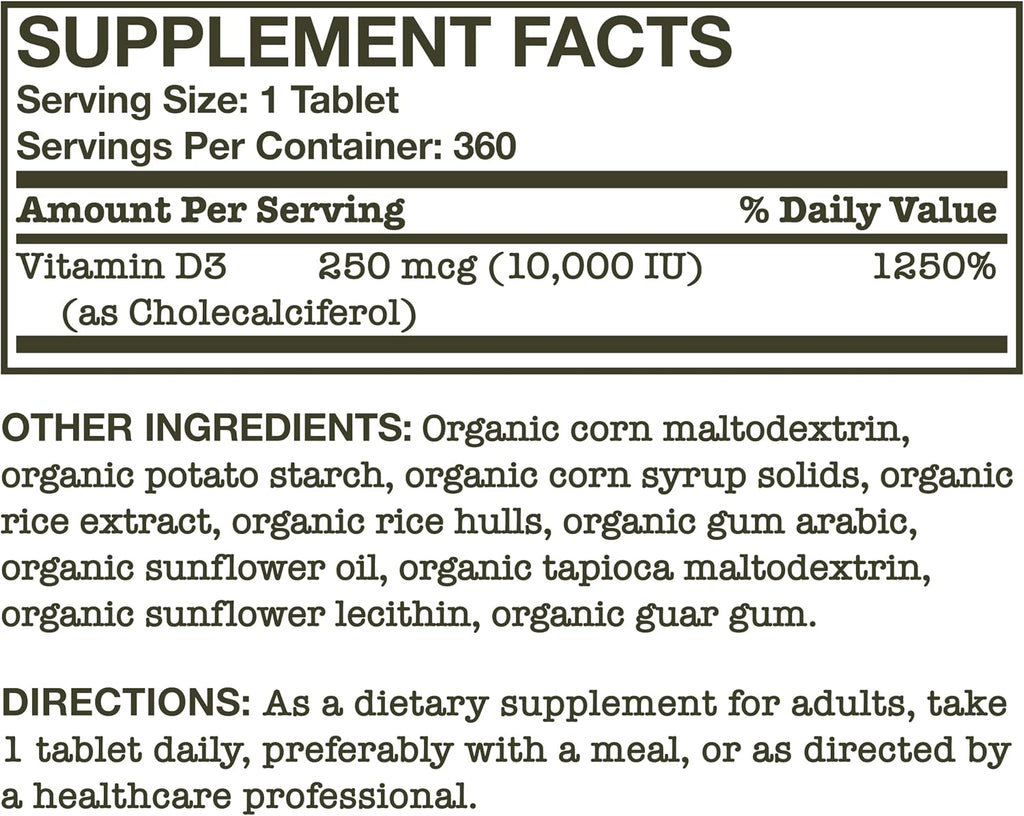 Futurebiotics Vitamina D3 10.000 UI (250 mcg) - 360 Comprimidos Orgánicos