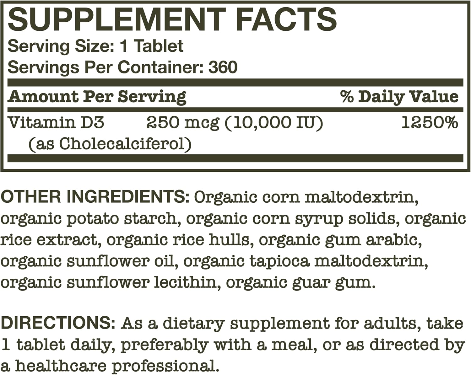 Futurebiotics Vitamina D3 10.000 UI (250 mcg) - 360 Comprimidos Orgánicos