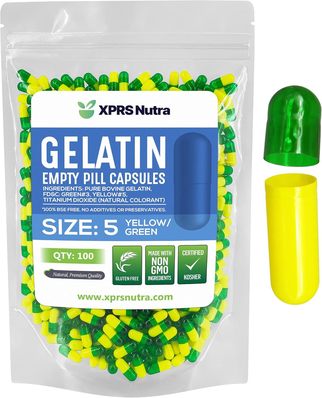 XPRS Nutra Cápsulas Vacías Tamaño 5 - 100 Unidades - Cápsulas de Gelatina Muy Pequeñas para Rellenar - Verde/Amarillo