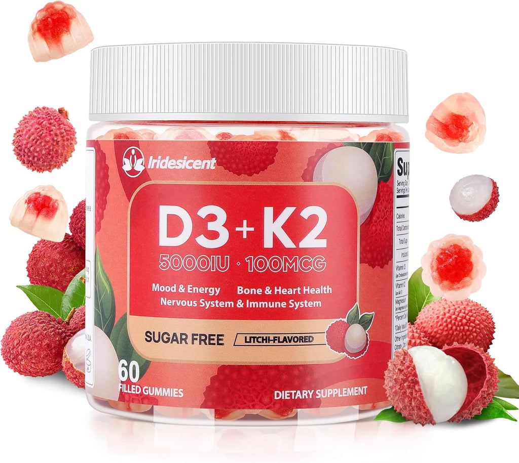 IRIDESICENT Vitamina D3 K2 Gummies Sin Azúcar - 60 Gominolas | 5.000 UI D3 + 100 mcg K2 (MK-7) | Vegano, Sabor Lichi