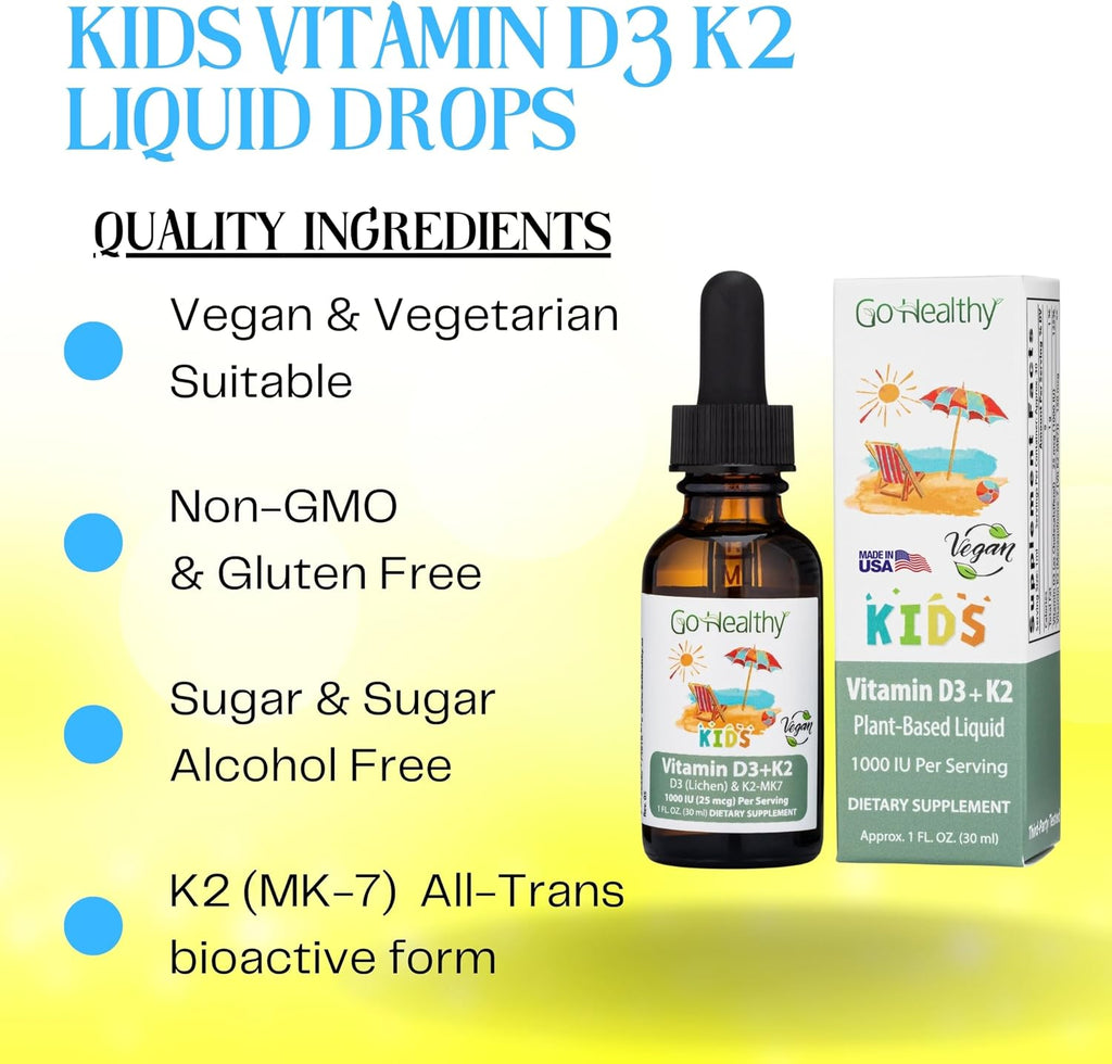 Go Healthy Kids Vitamin D3 K2 (MK-7) Gotas Líquidas Veganas para Niños - Sabor Vainilla - 30 Dosis