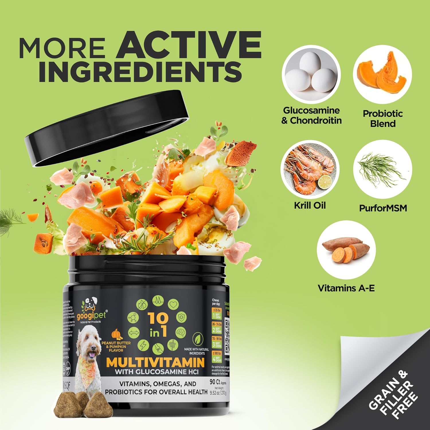 Googipet Multivitamínico Premium para Perros - Masticables con Glucosamina, Probióticos y Omega 3 (Sabor Cacahuete y Calabaza)