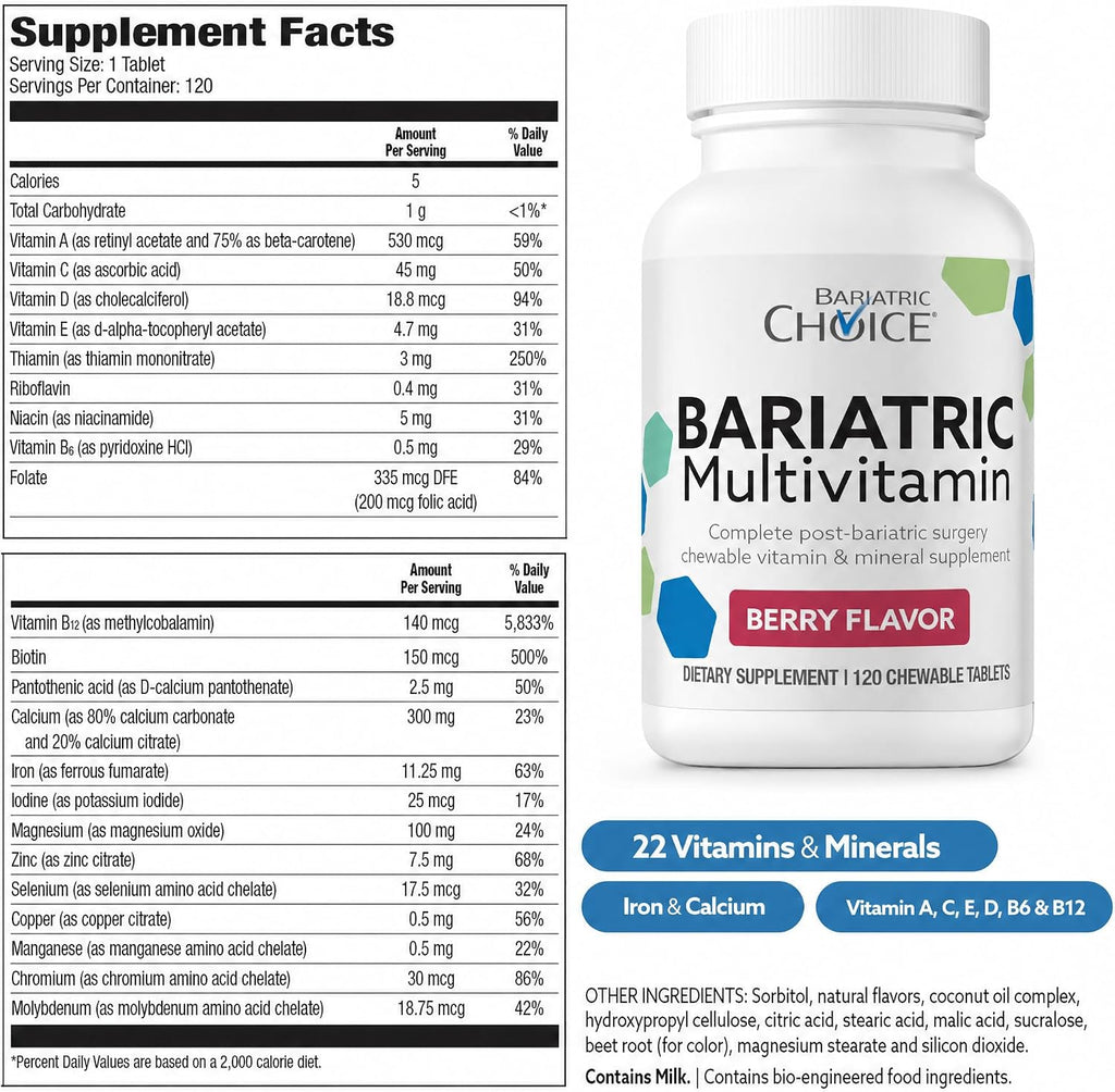 Bariatric Choice My Bariatric Multivitamínico Masticable con Hierro y Calcio, Berry (120 comprimidos)