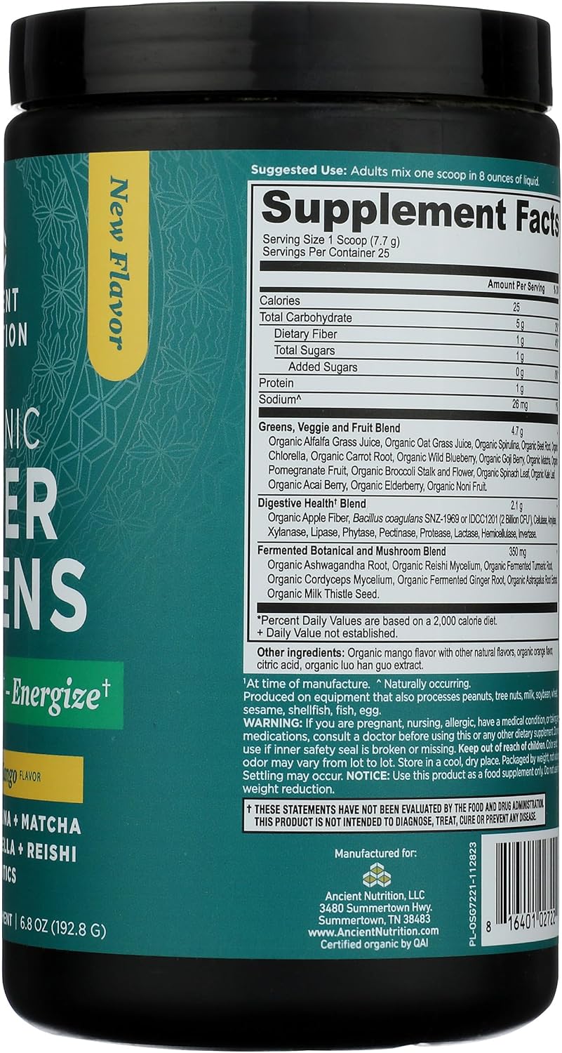 Ancient Nutrition SuperGreens en Polvo con Probióticos, Sabor Mango Orgánico, 25 Porciones