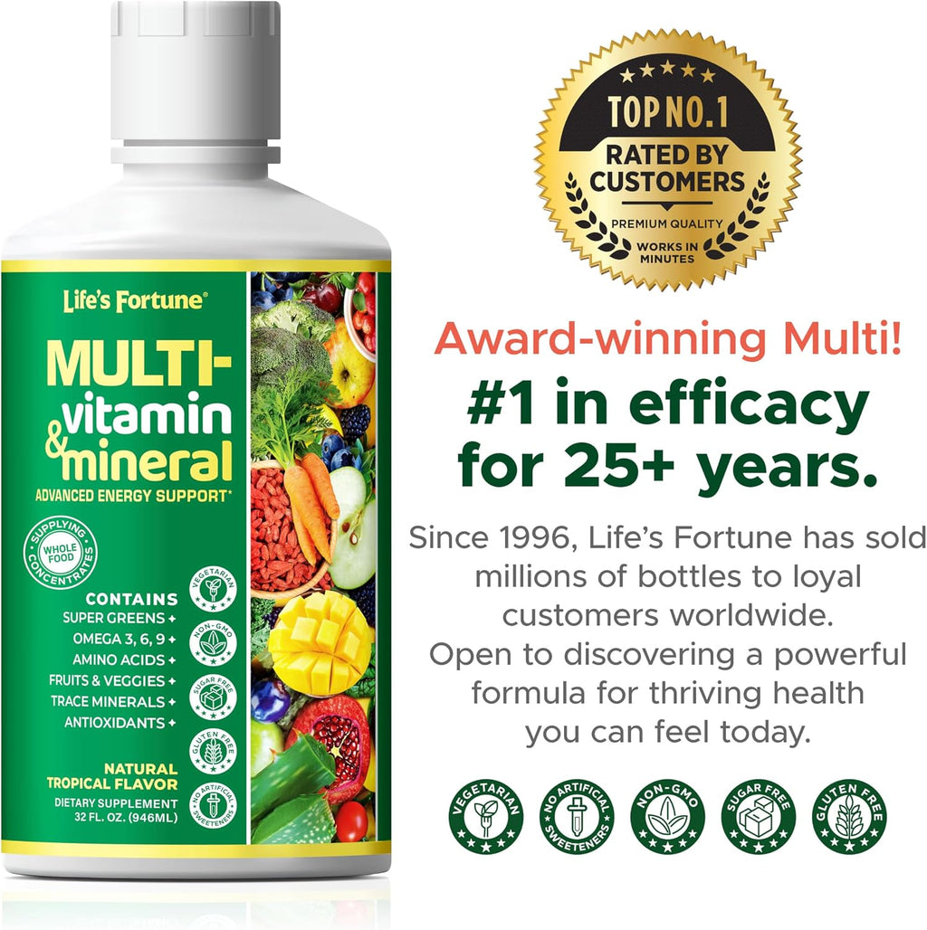 Life's Fortune Multivitamínico Líquido para Adultos y Mayores – 90+ Nutrientes, Sabor Tropical, 946 ml